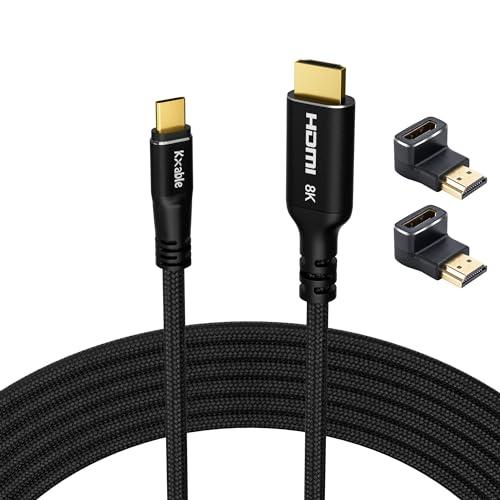 8K USB C to HDMI 2.1 Cable 15FT, (8K@60Hz,4K@120Hz, HDR), Braided Cord, Thunderbolt 3/4 Compatible, for iPhone 15 Series, MacBook Pro/Air, iPad Pro, Galaxy S23, Surface, Dell, HP, with 2 HDMI Adapters