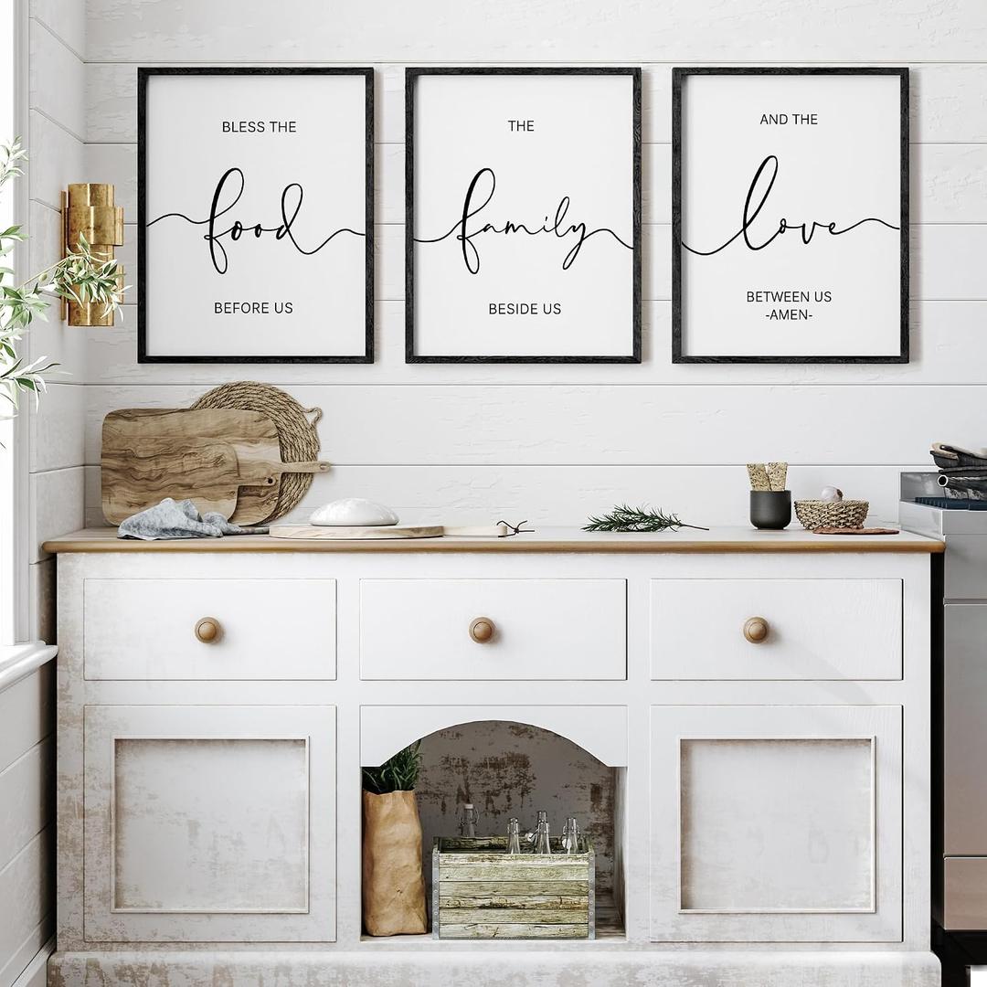 Heiple Set of 3 Framed Farmhouse Bless The Food Before Us Sign Kitchen Wall Decor for Dining Room Decor Wall Art Wood Signs (Brown,16"x24")