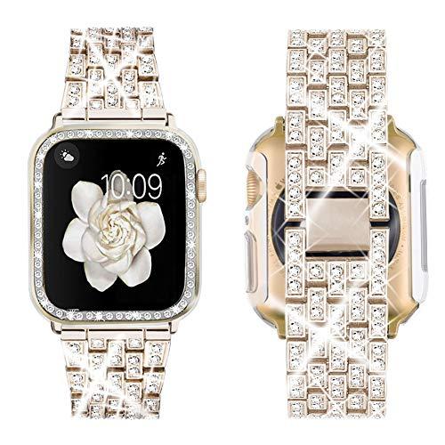 SUPOIX Compatible with Apple Watch Band 40mm + Case, Women Jewelry Bling Diamond Rhinestone Replacement Metal Strap &Soft TPU Protector Case for iWatch Series 6/5/4/se(Champagne)