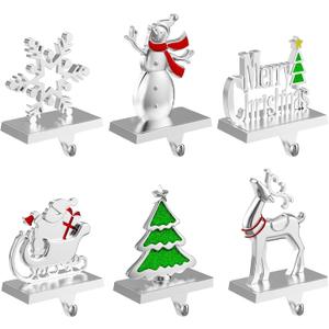 Ginbel Direct 6 Pack Christmas Stocking Holders for Mantle, Stockings Hangers Set of 6, Snowflake Snowman Tree Deer Reindeer Heavy Weighted Hooks for Mantel Fireplace Windows Indoor Decorations Silver