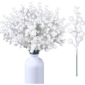 Geosar 36 Pcs Christmas Glittered Berries Stems 7.9 Inch Artificial Berries Sprays Branches Floral Pick for Christmas Tree Ornament, DIY Xmas Wreath, Crafts, Home Decor (White,Pure Color)