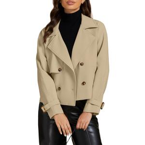 luvamia Cropped Trench Coat for Women Long Sleeve Double Breasted Notched Lapel Casual Loose Fit Jackets with Pockets (XX-Large, Khaki)