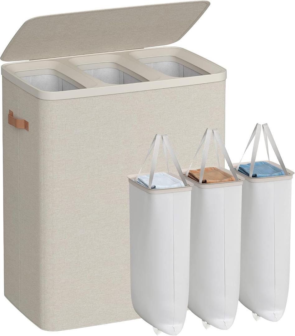 SONGMICS Laundry Basket, 50.2 Gal. Laundry Hamper, 3 Compartments, Easy Assembly, with Lid and Handles, Removable Liners, 25.2 x 15.7 x 29.5 Inches, Cappuccino Beige ULCB814LH01, 190 L