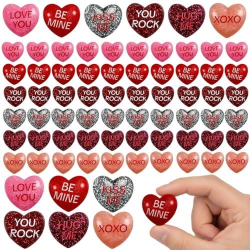 60 Pcs Glitter Conversation Heart Charms Flatback, 1-Inch Resin Hearts with Dazzling Sparkle Finish for Valentines Day DIY Crafts, Jewelry Making and Bling Embellishments