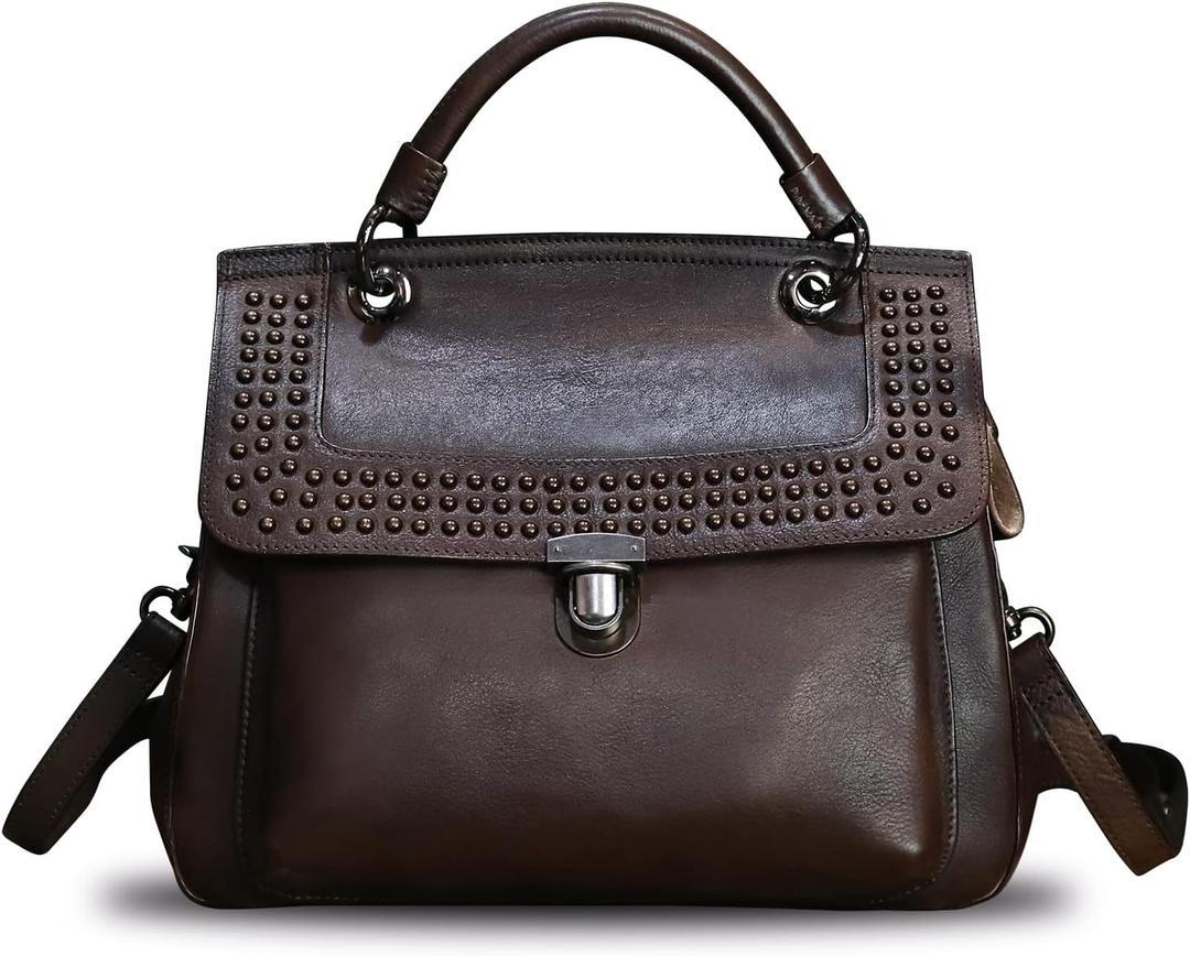 Genuine Leather Satchel Purse for Women Retro Handmade Top Handle Handbag Rivet Style Crossbody Bag