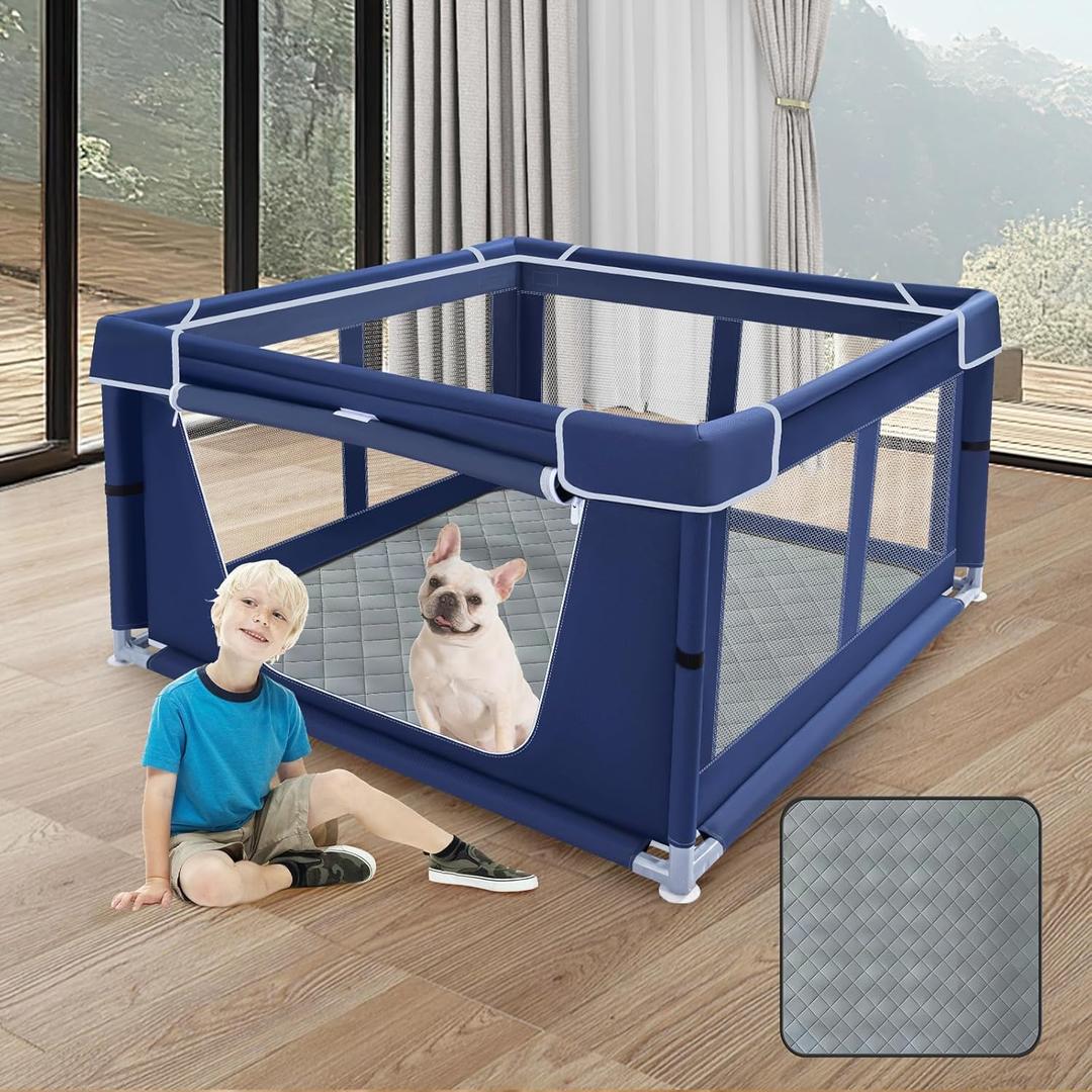 42x42 Inches Puppy Playpen with Dog Pads, Dog Playpen for Puppies or Small Dogs, Pet Playpen for Indoor & Outdoor, Sturdy Safety DogPen with Thickened Fabric, High-Strength Nylon Wire Mesh (Blue)