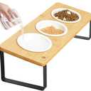 Sunhoo Raised Cat Food Water Bowl Elevated Tilted Kitty Dishes Set of 3 Ceramic Dish for Indoor Cats Orthopedic Pet Food Stand Reduces Vomiting 3 Bowl Cat Feeder Easy Assembly(Wood Color)