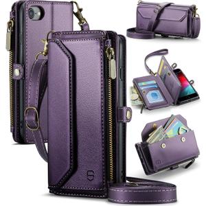 Crossbody Wallet Case Compatible with iPhone SE/7/8 RFID Blocking 7-Card Holder Soft PU Leather Magnetic Snap Shoulder Strap Zipper Pocket Phone Cases Fit for iPhone SE 2020 2022 - Purple