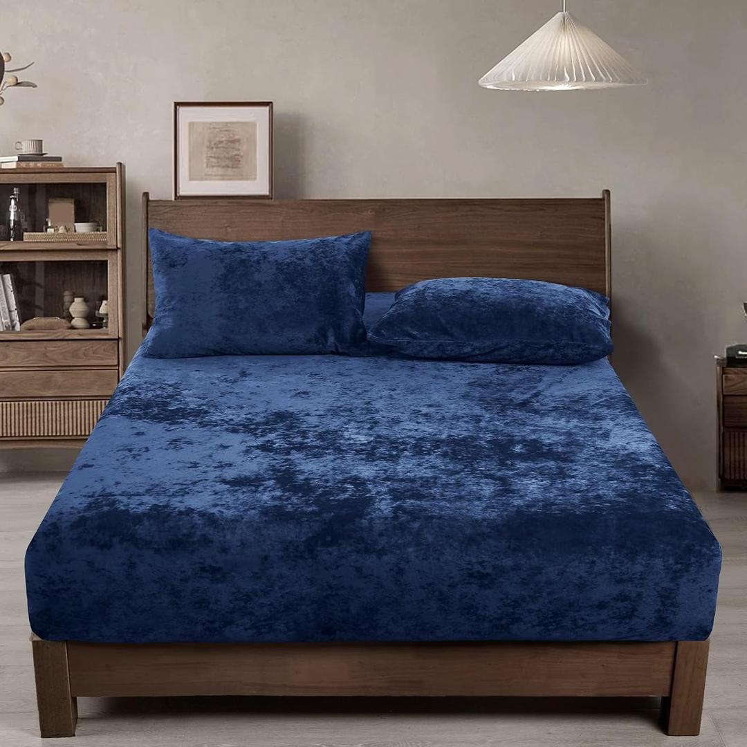 PHF Truly Velvet Fitted Sheet Only Full Size, Luxury Super Soft Cozy Comfy Fleece Bottom with 15" Deep Pocket, Suitable for Fall Winter and Spring, No Pillowcases, Navy Blue (Full Size (54x75x15"))
