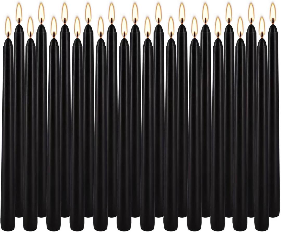 24 Pack Black Taper Candles, 7-8 Hours Burn Time, Unscented, Smokeless and Dripless, 0.75 x 10 Inch Dinner Candle Set for Halloween, Household, Wedding, Party and Home Dcor Candlesticks