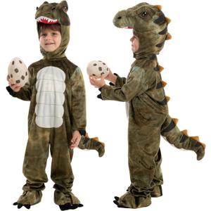 Spooktacular Creations Halloween Realistic T-rex Costume Outfit Dinosaur Jumpsuit with Egg for Kids Toddler Dress-up Party (S(5-7 yrs), Brown)