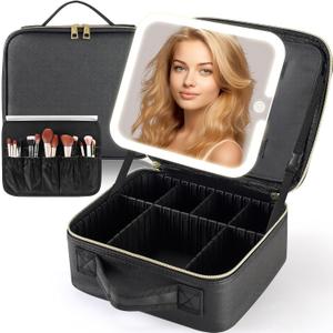 Travel Makeup Bag with LED Mirror,Travel Makeup Organizer with Removable LED Mirror,Makeup Case with Lighted Mirror 3 Color Setting,Black