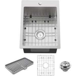 Small Kitchen Sink,15x20 Inch Bar Sink Stainless Steel Drop In Small Kitchen Sink Ideal Choice For Small Space Nice As Toprmount Prep Sink,RV Kitchen Sink With Bottom Grid,Soap Mat And Drain Assembly, 15x20x9 inches