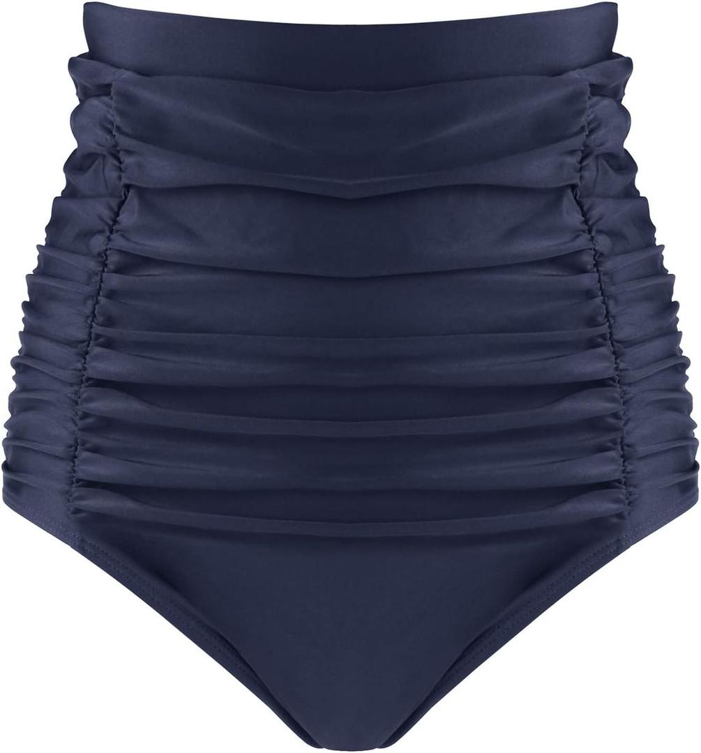 RELLECIGA Women's High Waisted Bikini Bottom Tummy Control Ruched Full Coverage Swim Bottom (Navy Blue, Small)
