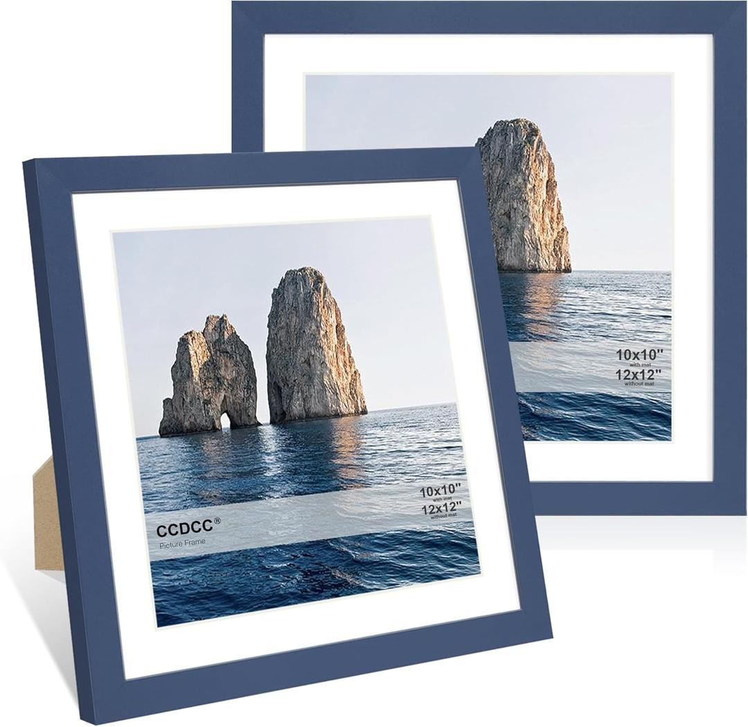 12x12 Picture Frame Set of 2, 12 x 12 Wood Photo Frames with Mat for 10x10 or 30x30cm Diamond Art Painting, Wooden Frame with Real Glass Cover for Wall and Tabletop Display,Blue