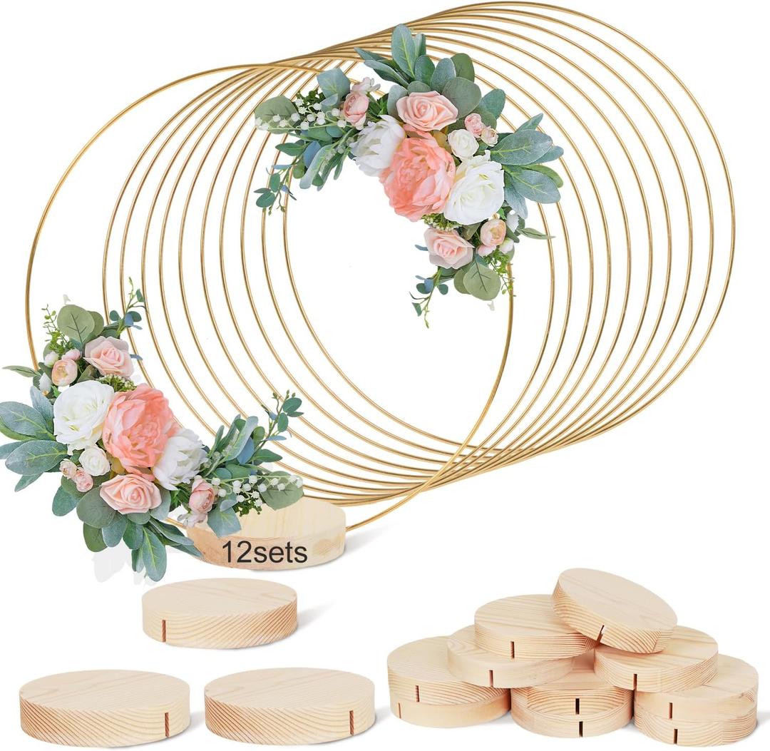 GUDELAK 12Pcs 12 Inch Metal Floral Hoop Centerpiece with Stand for Table, Metal Macrame Gold Wreath Ring with 12Pcs Holders Stands, Table Centerpieces for DIY Wedding Decor Wall Hanging Crafts