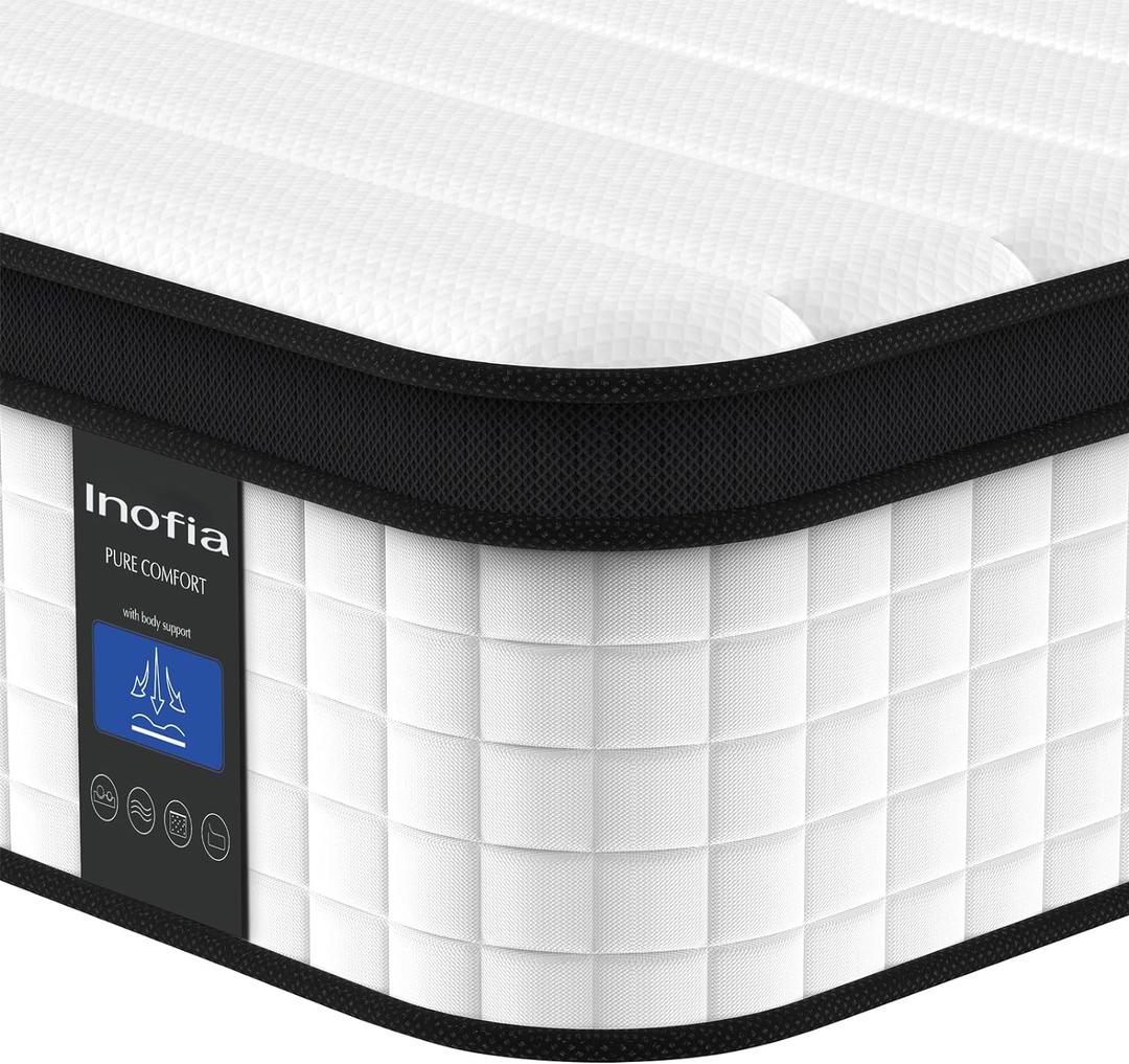 Inofia Queen Mattress, 12 Inch Hybrid Innerspring Double Mattress Cool Bed with Breathable Soft Knitted Fabric Cover, 101 Nights Trial