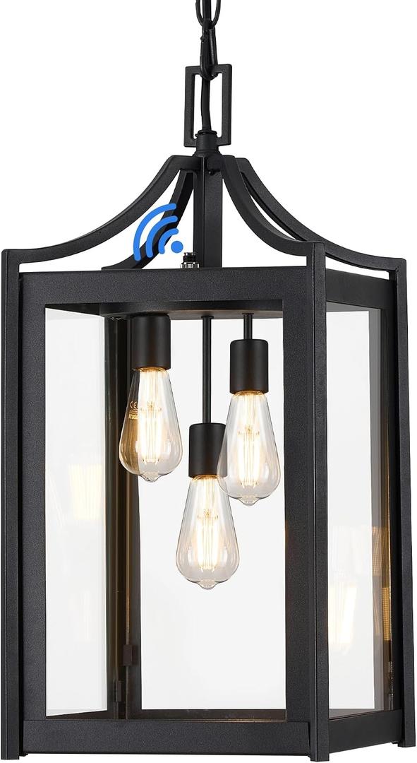 Outdoor Pendant Lights for Porch, 18.5" Large Dusk to Dawn Outdoor Chandelier with Clear Glass, Black Modern Hanging Porch Light, Adjustable Long Chain, OS-KY1004