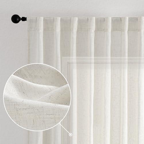 Novecozy White Linen Curtains 45 Inch Long 2 Panels Set for Bedroom Kitchen, Backtab Rod Pocket Farmhouse Boho Linen Textured Light Filtering Semi Sheer Short Small Window Drapes, Cream Ivory