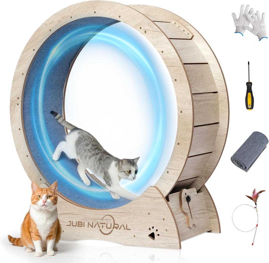 Cat Exercise Wheel, 43" Cat Running Wheel for Indoor Cats with Quiet Carpeted Runway, Cats Treadmill Wheels with Locking Mechanism, Cat's Weight Loss and Health (WOOD)