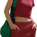 Womens Skort Sets 2 Piece Outfits Crop Top Elastic Waist Shirt Skorts Skirt Set Casual Activewear Outfits 2026 (Red, L)