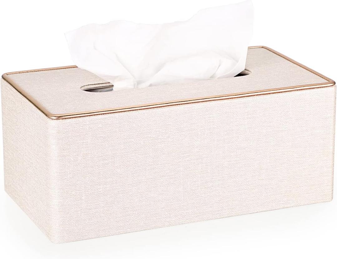 Sumnacon Rectangular Linen Tissue Box Cover - Stylish Tissue Box Holder with Magnetic Bottom, Decorative Tissue Box for Bathroom Toilet Vanity Night Stand Table Countertop Office, Beige Linen Texture (Medium, Beige With Rose Gold Trim)
