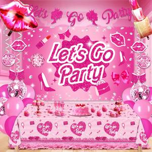 2 x Hot Pink Party Decorations For Girls,Banner,Pink Balloons,Tablecloth,Paper pom poms Party Supplies for Women