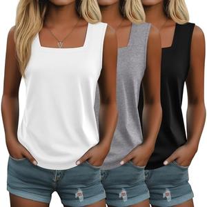Velvelhall 3 Pack Summer Women's Tank Tops Casual Sleeveless Shirt Loose Fit Square Neck Tank Top Large