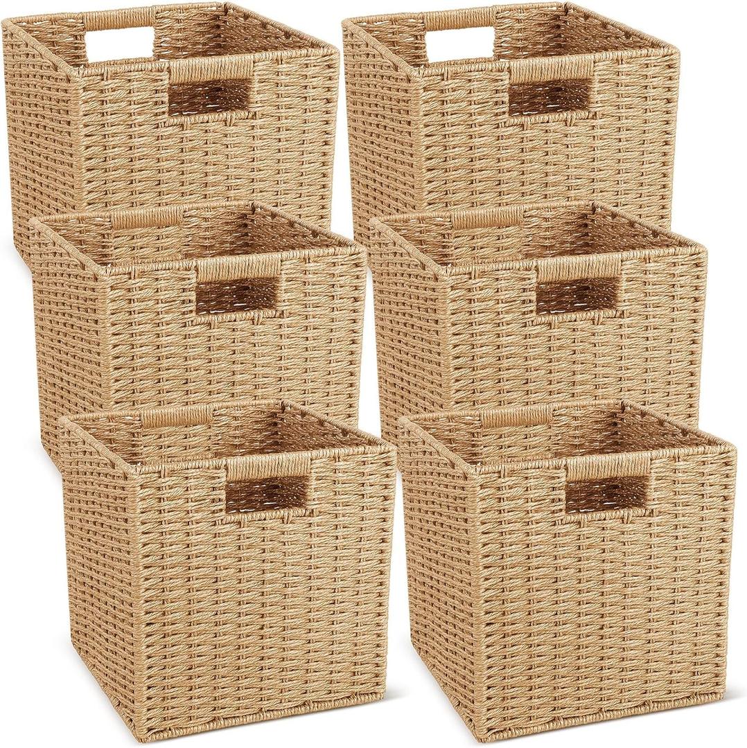 Newtay 6 Pcs Wicker Storage Baskets 13 x 13 in Cube Storage Bin Organizer Camel Square Foldable Wicker Baskets for Shelves Organizing Decor Laundry Pantry Toys