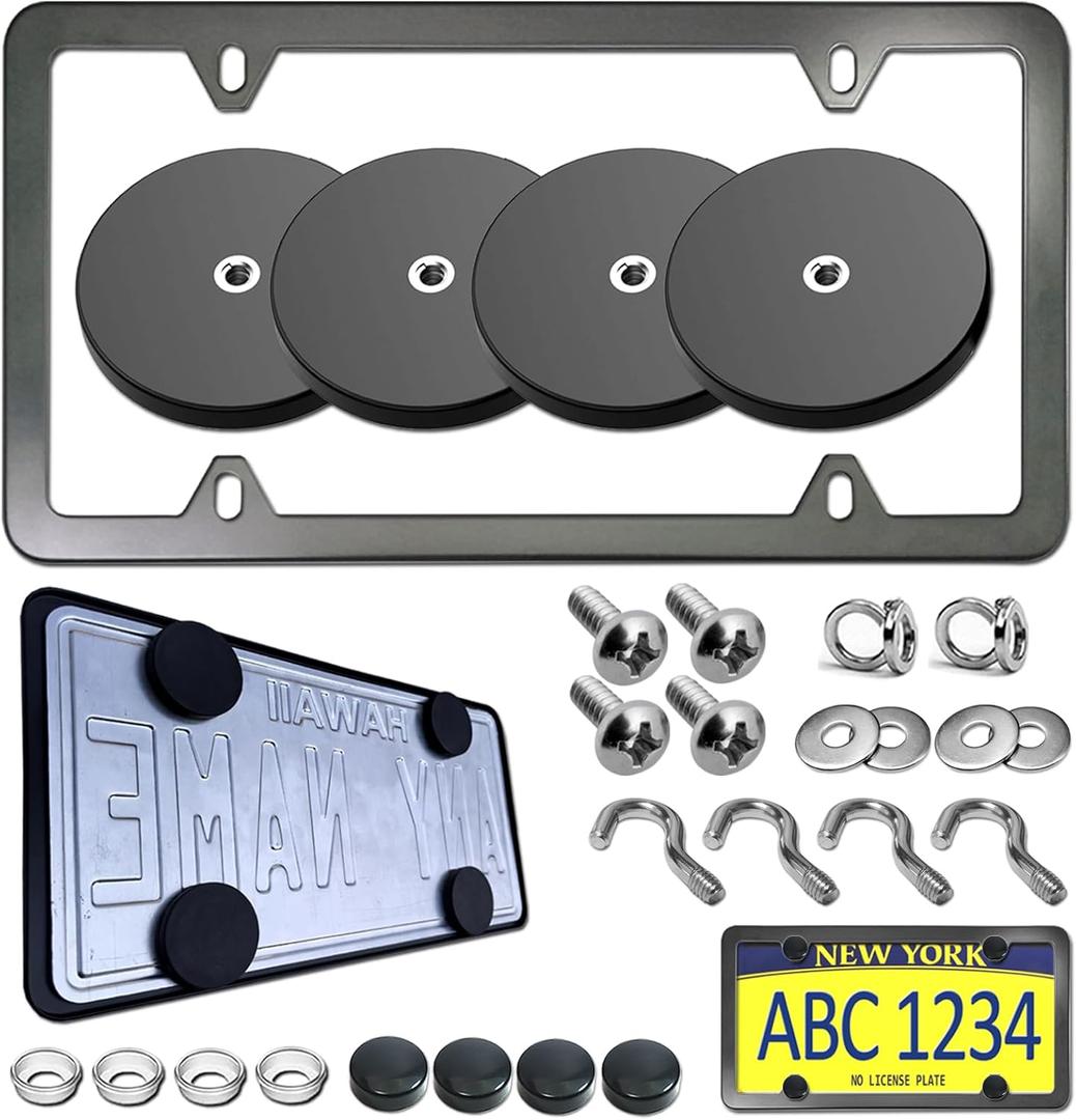 BGGTMO Magnetic License Plate Holder, 4 Pack Strong Neodymium Magnet Mount with Rubber Coating, with Black Aluminum Frame Screws for Metal Car Bumper, for Dealer No Drill Temporary Plate