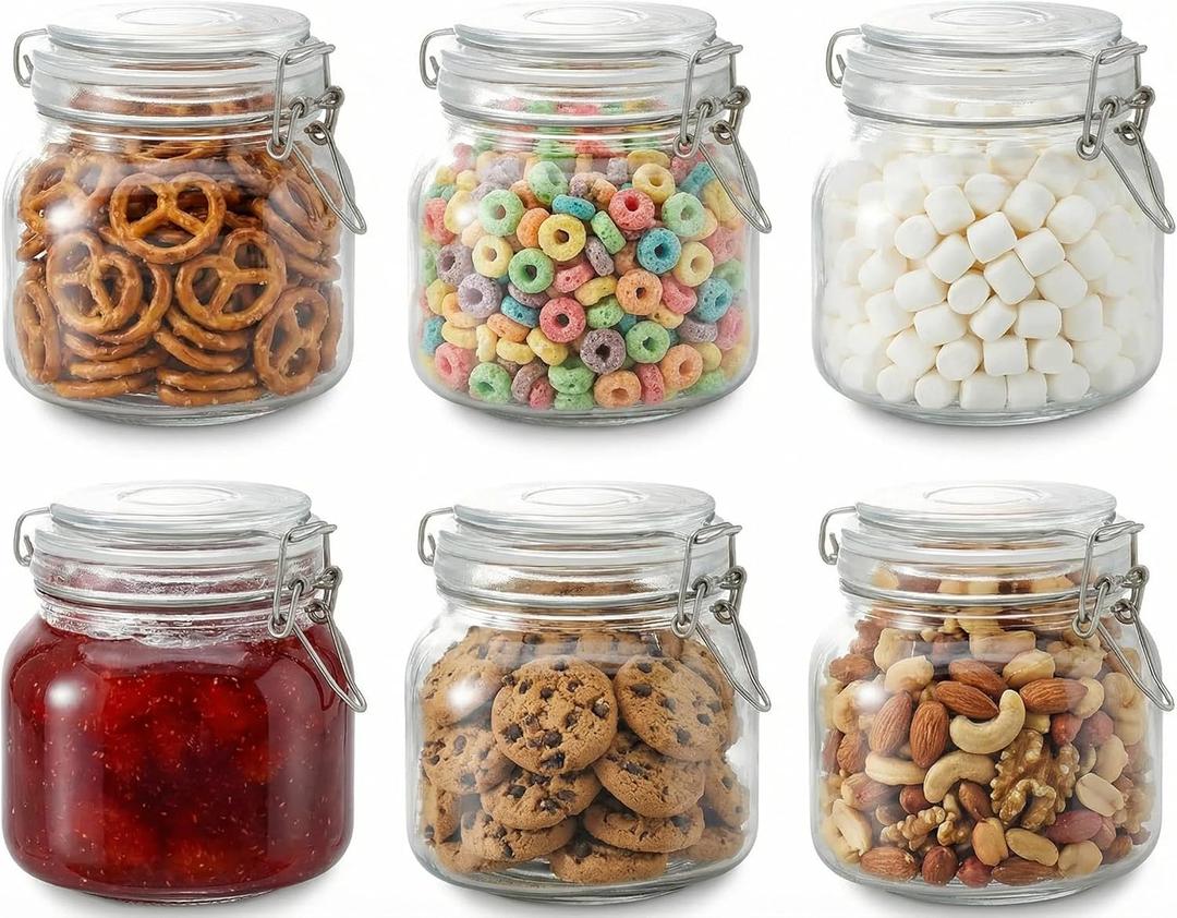 Glass Jars with Airtight Lids, 26oz Glass Storage Jars Set of 6, Thick Food Storage Containers for Pantry Organization, Kitchen Counter, Coffee, Pasta, Cereal