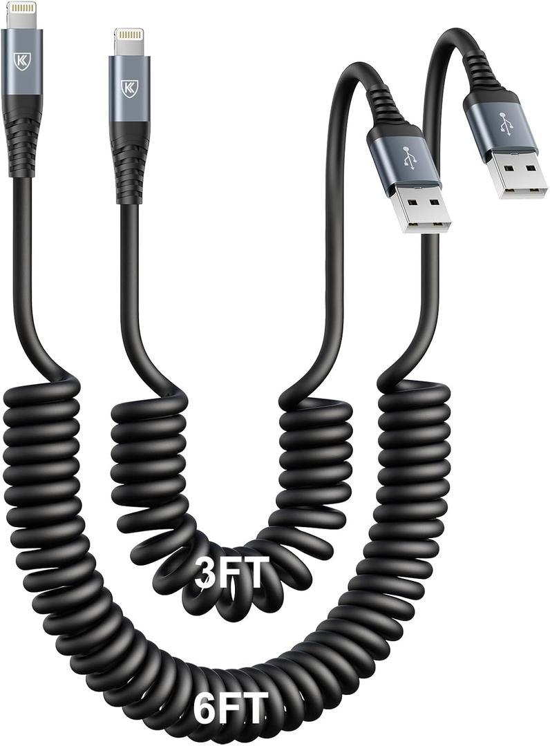 iPhone Charger Cable for Car [3FT+6FT], Coiled Lightning Cable [Apple MFi Certified] 2 Pack Lightning Cord Compatible with iPhone14 13/12/11 Pro Max/XS MAX/XR/XS/X/8/7/Plus/6S iPad/iPod-Black