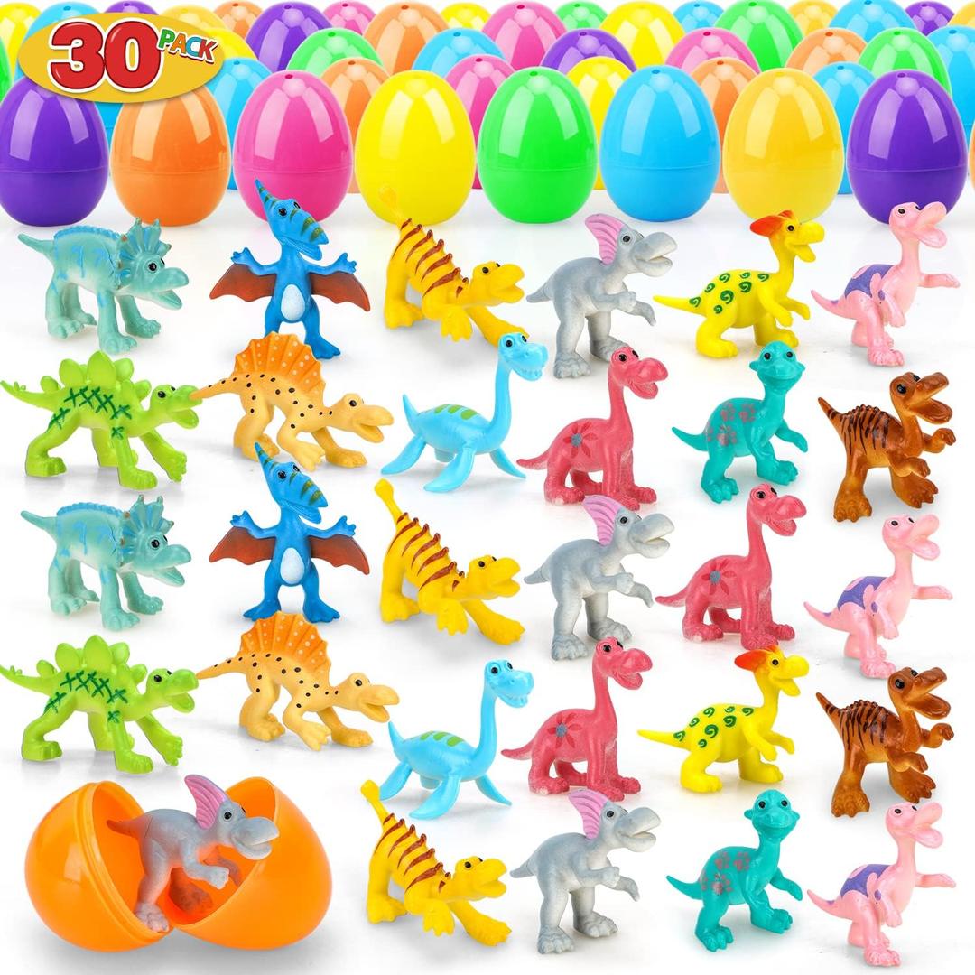 TOY Life 30 Packs Filled Easter Eggs with Dinosaur, Easter Party Favors and Basket Stuffers Bulk for Kid, ,Plastic Prefilled Surprise Eggs Easter Gifts Hunt Party Favors for Kids