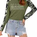 Long Sleeve Mama Shirts for Women Mama Letter Printed T Shirt Auntie Graphic Tees Funny Mom Pullover Top (Green, XXL)