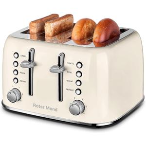 Roter Mond Toaster 4 Slice Retro Stainless Steel with Extra Wide Slots Bagel, Defrost, Reheat Function, Dual Independent Control Panel, Removable Crumb Tray, 6 Browning Levels, Cream White