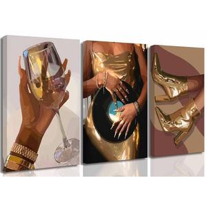 3 Pcs African American Women Canvas Wall Art Fashion Gold Black Girls Painting Picture Wall Decor Poster Print Artwork for Living Room Woman Bedroom Girl Room Home Decoration