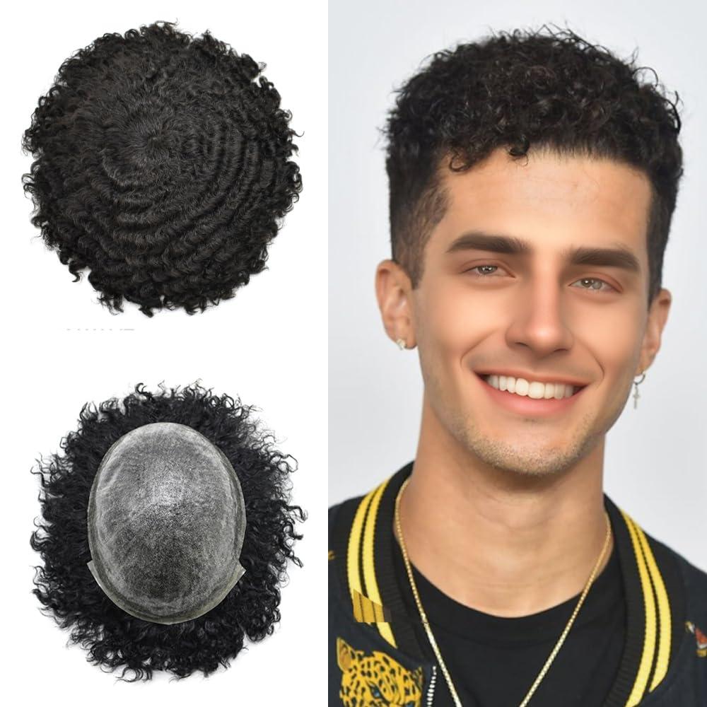 Afro Toupee for Black Men Brazilian Human Hair Replacement System Skin PU Injected African American Men Hairpieces Kinky Curly Hair Units for Man Wigs (12MM AFRO WAVE, 1# JET BLACK) Afro Toupee for Black Men Brazilian Human Hair Replacement System Skin PU Injected African American Men Hairpieces Kinky Curly Hair Units for Man Wigs (12MM AFRO WAVE, 1# JET BLACK)