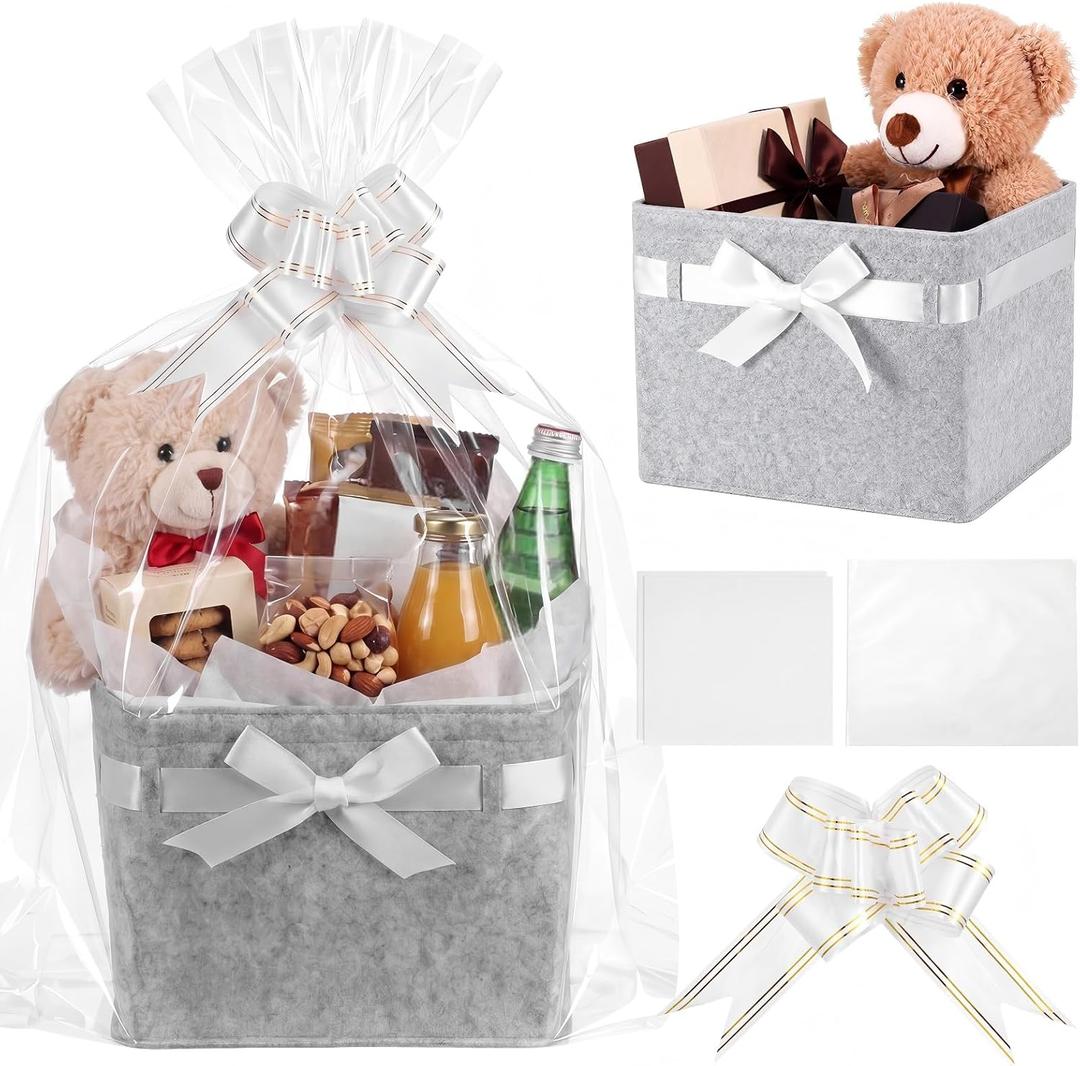 Hushee Felt Gift Basket Empty with Bow Felt Basket Set with Gift Bags Wrap Tissue Papers and Pull Bow 10"x10"x7.6" Foldable Storage Bin for Graduation Birthday Baby Shower Christmas, 1 Count