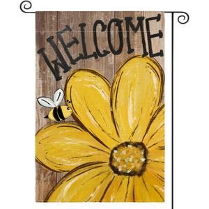 AVOIN colorlife Bee Sunflower Spring Summer Garden Flag 12x18 Inch Double Sided Outside, Welcome Wood Grain Yard Outdoor Flag (Multi)