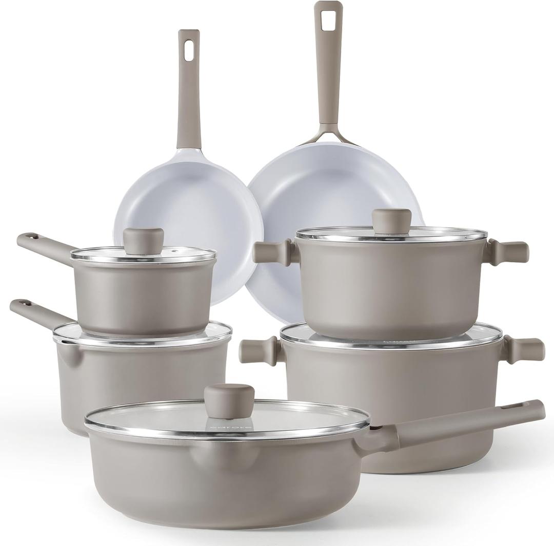 CAROTE Ceramic Cookware Set 12 Piece, Healthy & PFOA/PFAS Free, Nonstick Pots and Pans Set, Induction-Compatible, Taupe (12 PCS)