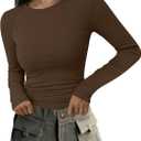 PRETTYGARDEN Long Sleeve Shirts for Women Fall Going Out Tops Casual Ribbed Knit Slim Fitted Basic Tees Y2K Spring Clothes (Brown, XS)
