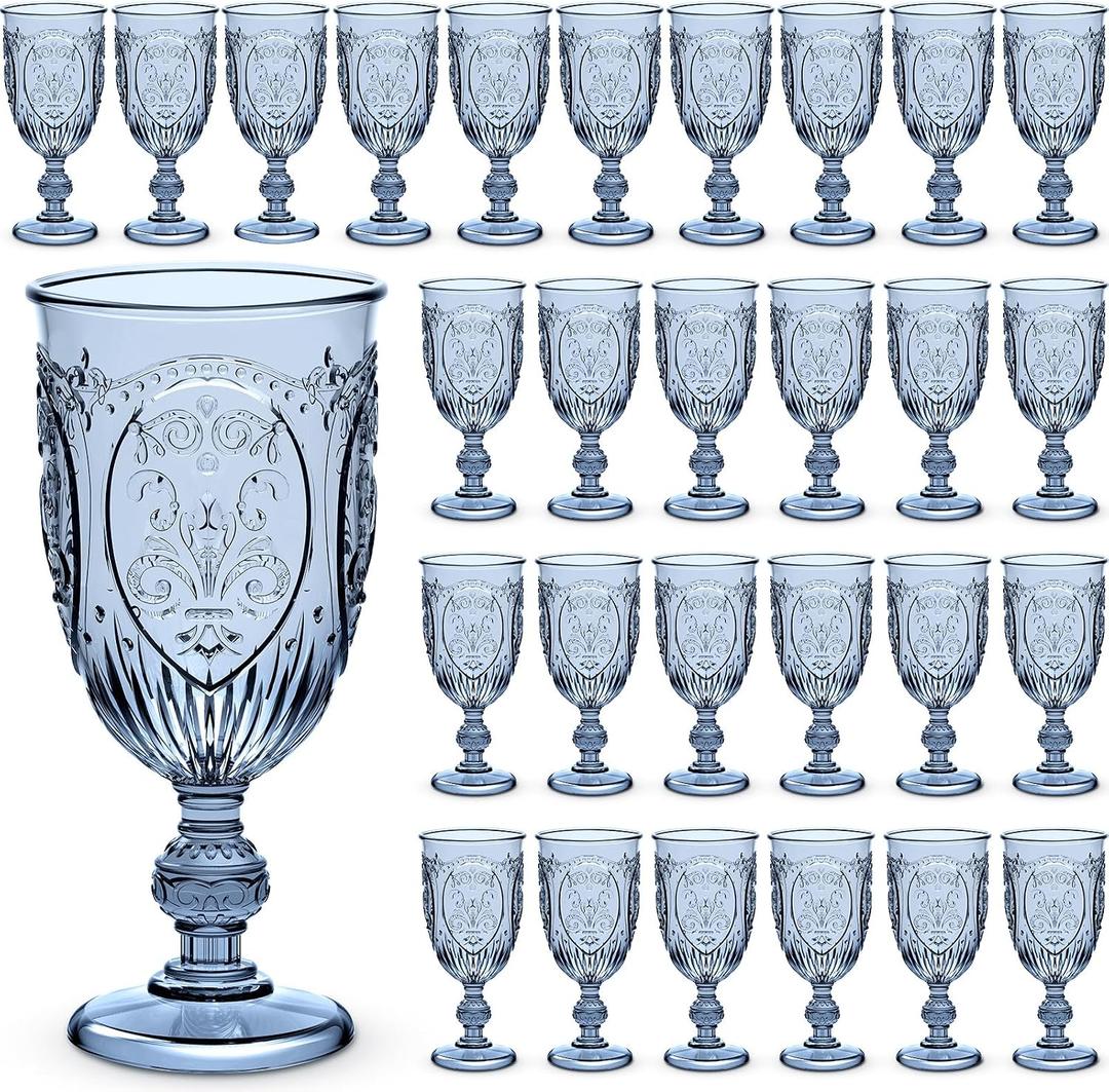 Wiwiqing 48 Pcs Plastic Goblets 7.5oz Vintage Goblet Plastic Wine Glasses Colored Retro Embossed Water Goblets for Wine Bar Juice Baby Shower Wedding Reception Grand Event Party (Blue), 2.8 inches x 6 inches