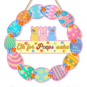 Pink Happy Easter Wreaths for Front Door Peeps Decorations for home Sign Easter Eggs Decor Wooden Wall Decor for Home Office Living Room Bedroom Farmhouse Door Wall Party Supplies 10x10x0.12 inches (Sake)