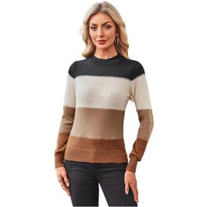 WDIRARA Women's Color Block Sweaters Long Sleeve Mock Neck Tops Loose Knitted Pullover Sweater
