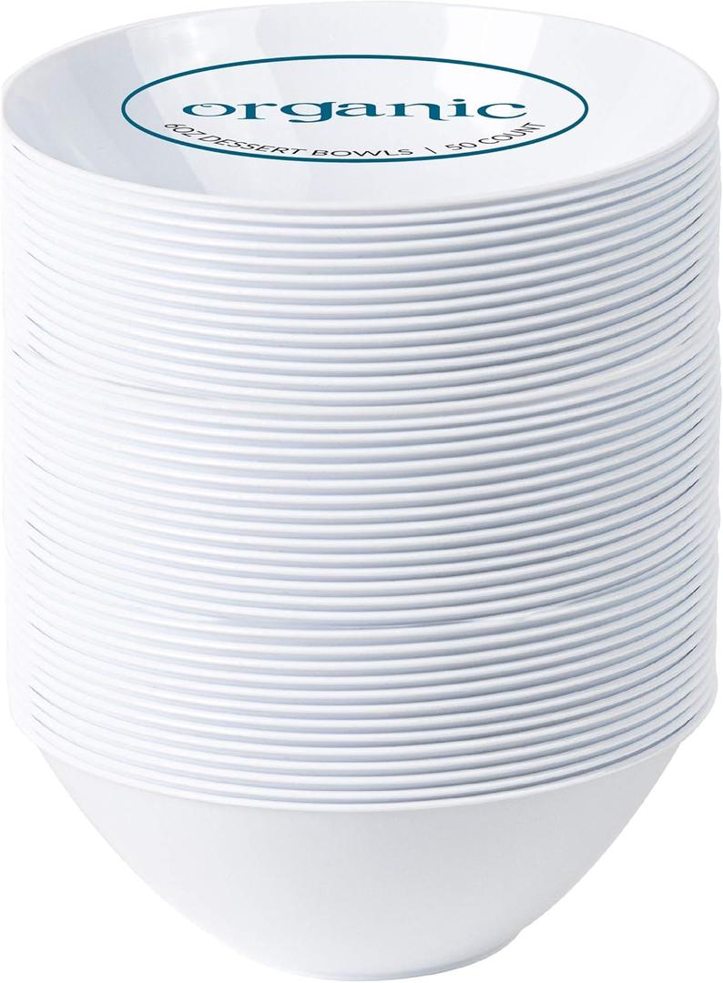 [6 OZ 200 Count] White Plastic Organic Party Dessert bowls Premium heavyweight Elegant Disposable Tableware Dishes