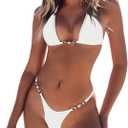 swimall Women's Triangle Thong Bikini Set Sexy Brazilian Two Piece Swimsuit Cute Bathing Suit - Solid White - Small