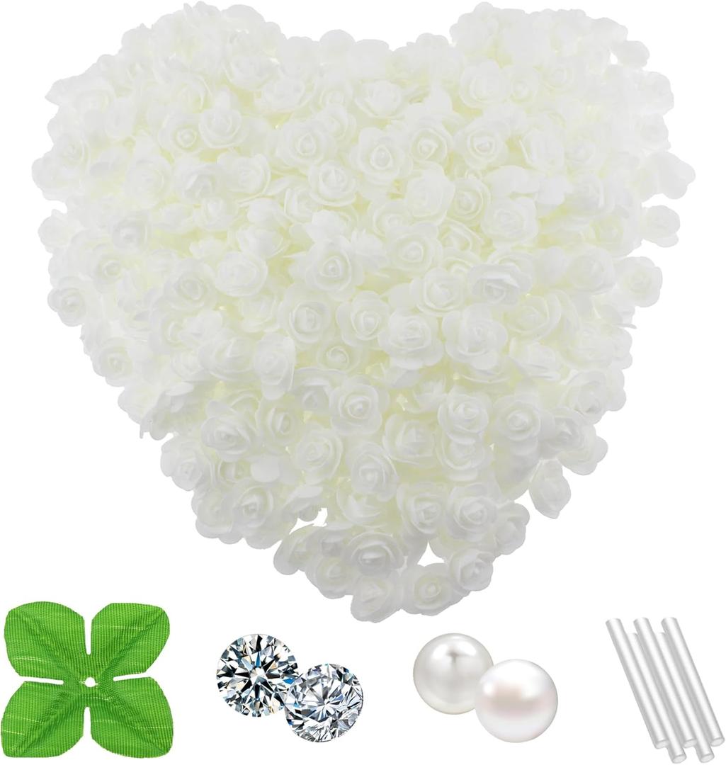 500 Pcs 1.4" Mini Artificial Flowers Head Bulk 5 in 1 Set Faux Foam Fake Small Rose Tiny Baby Flores Bouquet Cake Gift Home Decoration DIY Craft (White)