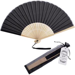 50 Sets Imitated Silk Hand Fan with Tassel and Organza Bags and Thank You Tags Fabric Handheld Folding Fans Bamboo Frame Bridal Dancing Props Wedding Party Favors (Black)