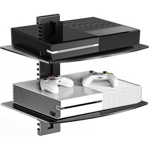 Suptek Glass Floating Shelves, TV Wall Mount with Shelf for DVD Player / PS4 / Cable Boxes/Game Consoles/Sky Box/TV Accessories, Flat Black 2-Tier Wall Mount Bracket