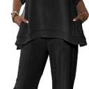Women's Linen 2 Piece Outfits Rolled Sleeves Tops Wide Leg Trouser Pants Suits Summer Casual Dressy Linen Sets